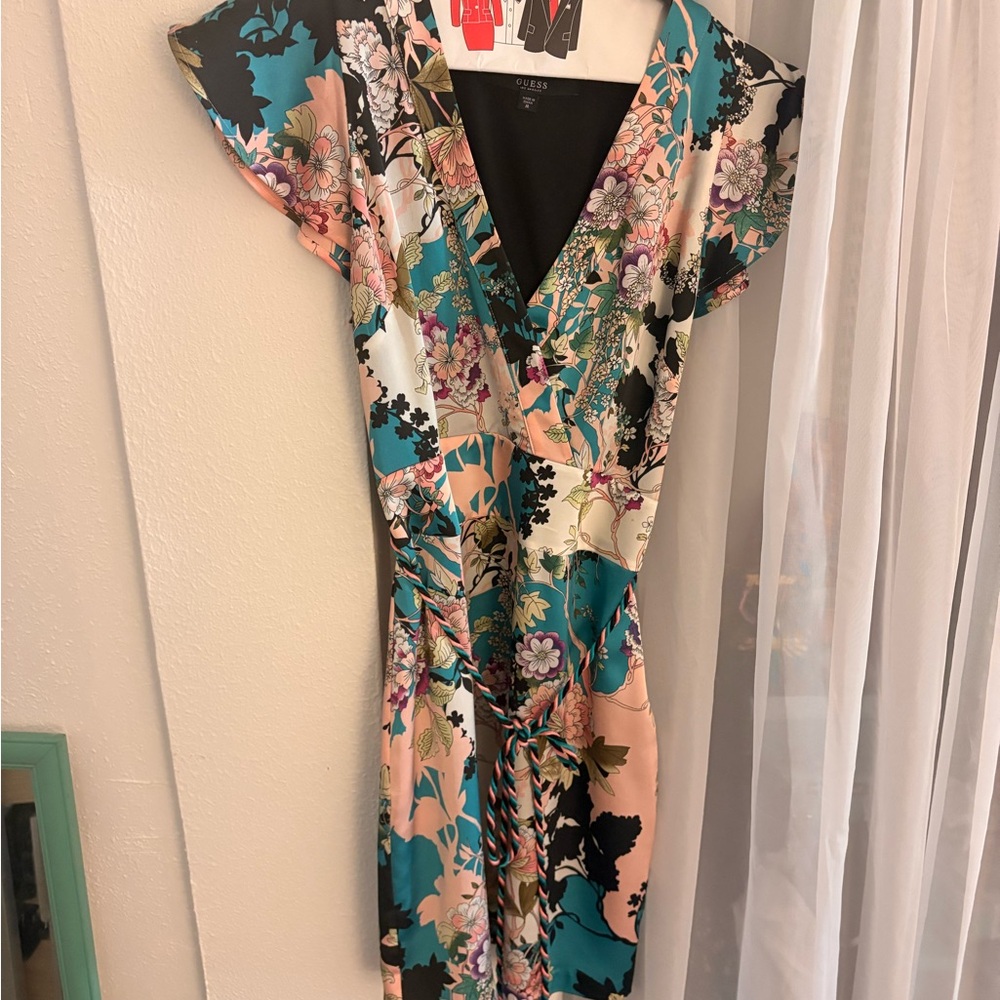 Guess Vibrant Floral Midi Dress - Black, Pink, Teal